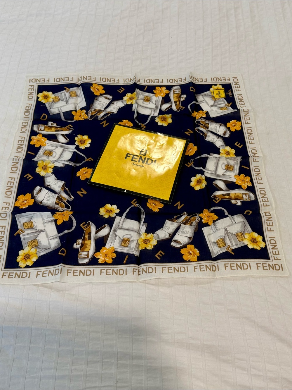 Fendi Navy, Yellow & White Silk Large Handkerchief with Bag and Floral Motifs